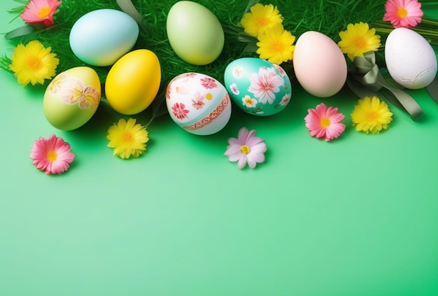 Easter eggs in nest decorated with flowers with blank card on white background Top view picture