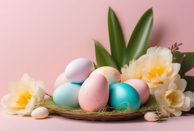 Easter eggs in nest decorated with flowers with blank card on white background Top view picture