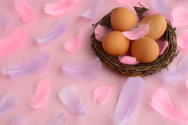 Easter eggs in a nest and pink purple feathers on a pastel pink background Happy Easter clipart