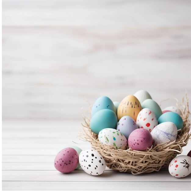 Easter eggs in nest on white wooden background with copy space