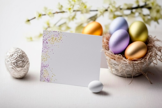 Easter eggs in a nest with a card that says'easter '