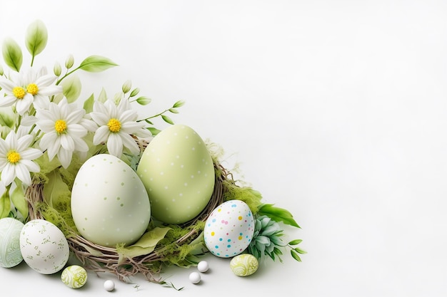 Easter eggs in a nest with flowers around on white background. Easter wallpaper. Generative AI