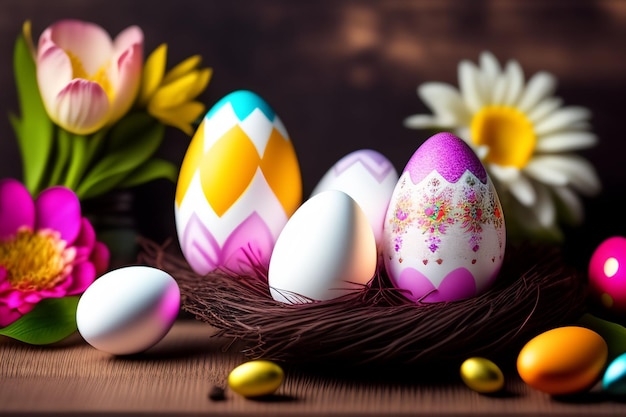 Easter eggs in a nest with flowers on a dark background