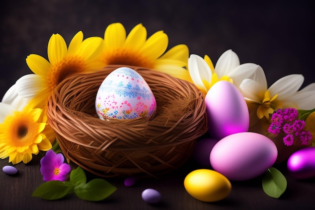 Easter eggs in a nest with flowers