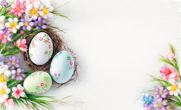 Easter eggs in a nest with flowers