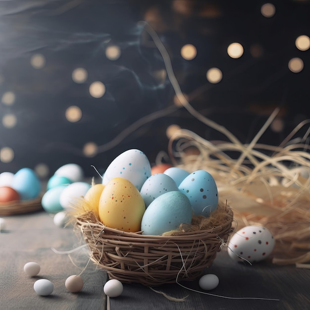 Easter eggs in a nest with gold balls and white and blue dots.