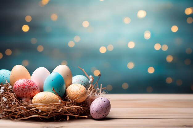 Easter eggs in a nest on a wooden table Easter background wallpaper Christian holiday