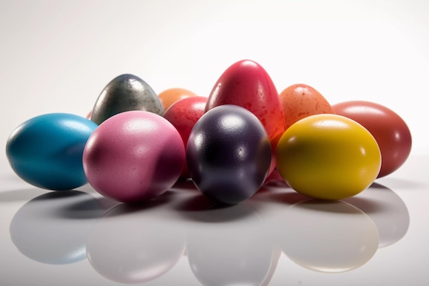 Easter eggs ornamentals on the reflected floor and close up view