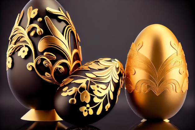 Easter eggs painted in black and gold colors with a floral pattern Generative AI