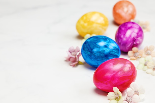 Easter eggs painted in pastel colors on a white background with copy space and cute spring flowers h