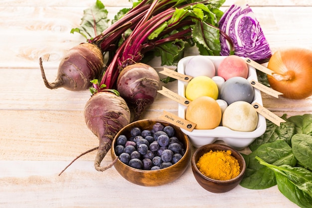 Easter eggs painted with natural egg dye from fruits and vegetables.