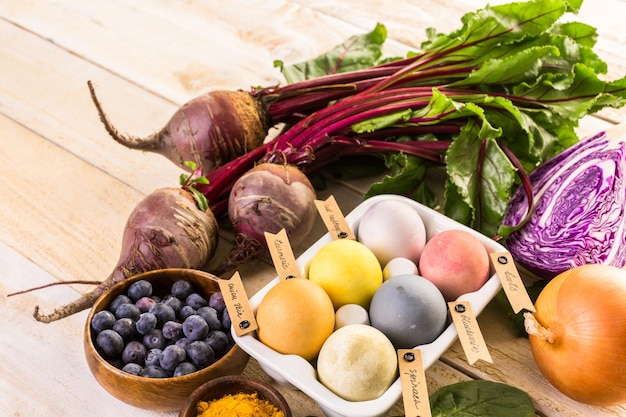 Easter eggs painted with natural egg dye from fruits and vegetables.