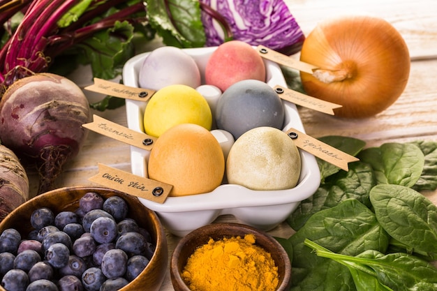 Easter eggs painted with natural egg dye from fruits and vegetables.