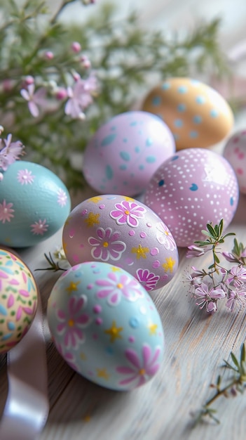 Easter eggs of pastel colors Light wooden surface spring flowers and satin ribbons AI Generated