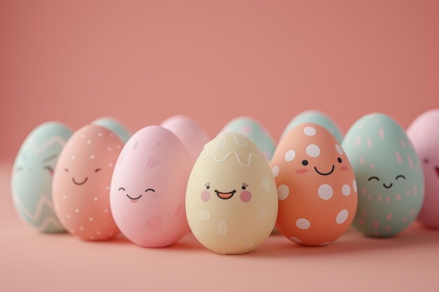 An Easter eggs pastel colors with cute faces Peach color background side view