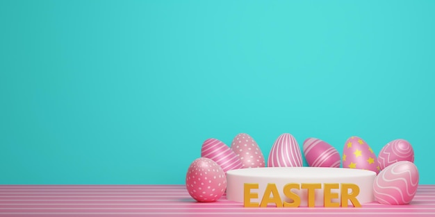 Easter eggs and podium on pastel background 3D rendering