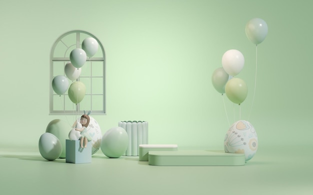 Easter eggs podium with 3d render vector in pastel blue and green background