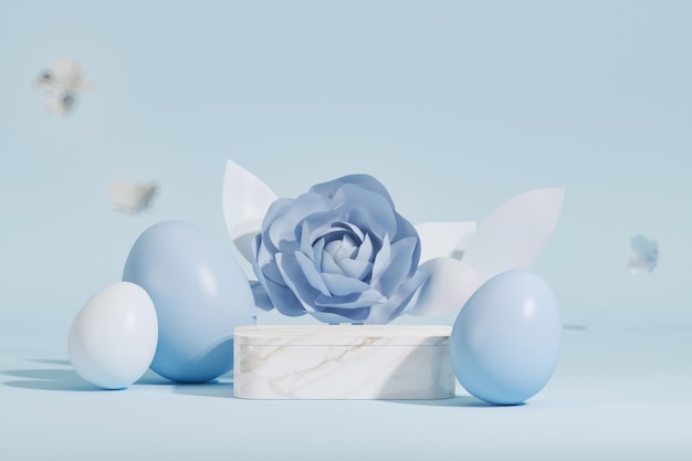 Easter eggs podium with 3d render vector in pastel blue and white background Easter day with flowers