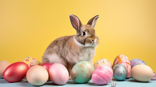 Easter eggs and a rabbit on a yellow background