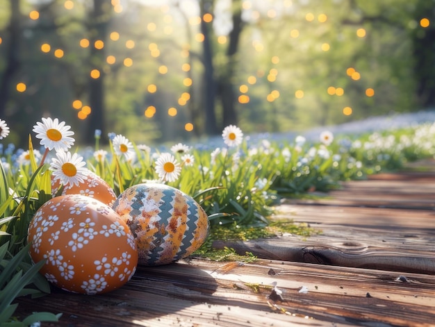 Photo easter eggs rest among flowers on wooden path