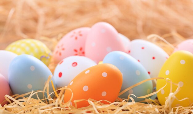 Easter eggs on straw background