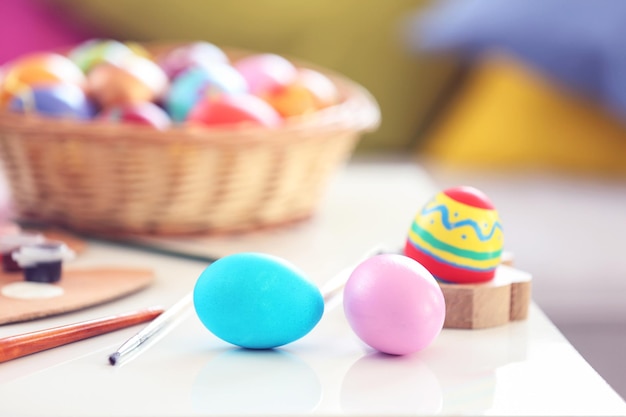 Easter eggs on table closeup