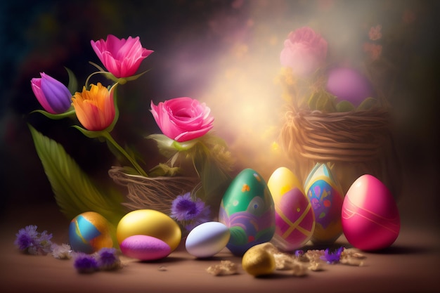 Easter eggs on a table with flowers and a basket of flowers