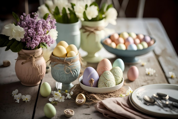 Easter eggs on a table with flowers and a plate with a plate with a plate with a purple flower.