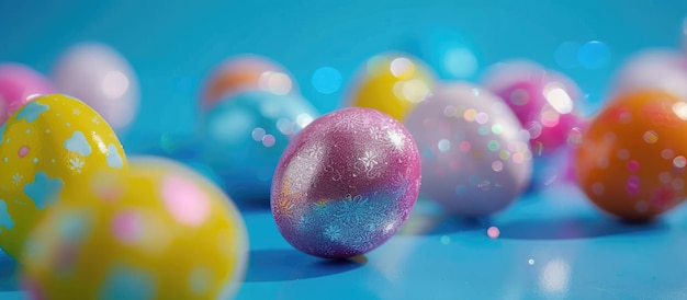 Easter eggs that are bright and shiny against a blue backdrop