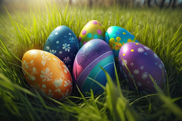 Easter eggs that have been painted on them on green grass in a meadow with a sunny background