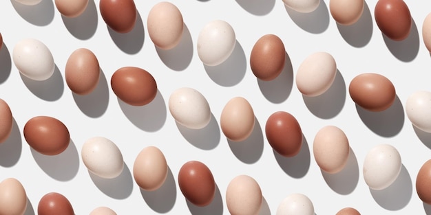 Easter eggs trend pattern shadow at sunlight white light background Organic Chicken eggs