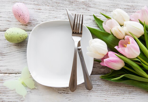 Easter eggs and tulips bouquet