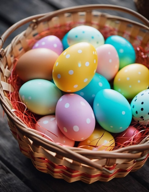 Easter eggs in various colors rest in basket setting festive atmosphere Arranged for outdoor spring celebration eggs add color and joy symbolizing renewal and togetherness during the holiday AI