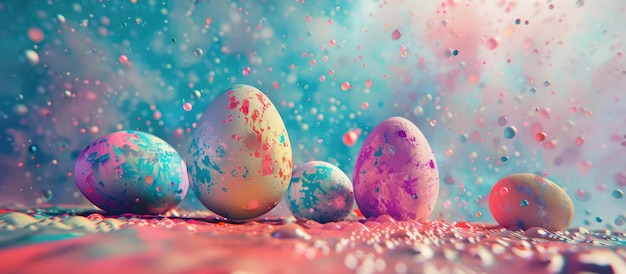 Easter eggs in vibrant colors set against a background with a retro filter effect