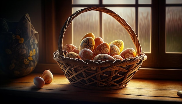 Easter eggs in a wicker basket on a wooden surface with morning light