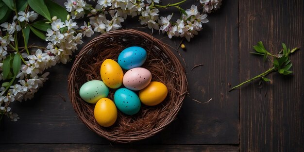 Easter eggs and willow branches on chocolate Easter eggs on spring blossom on dark old wooden background Happy Easter background Presents and decorations in basket