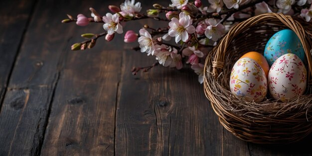 Easter eggs and willow branches on chocolate Easter eggs on spring blossom on dark old wooden background Happy Easter background Presents and decorations in basket