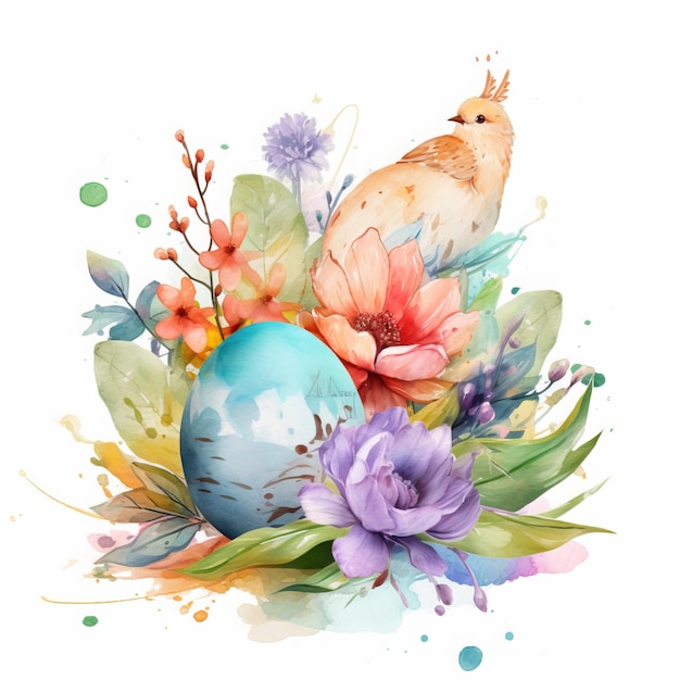 Easter eggs with a bird and flowers