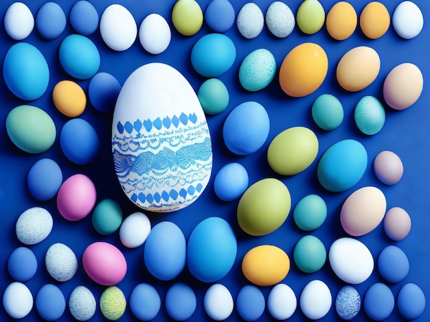 Easter eggs with a blue background and a white egg with a pattern of hearts.