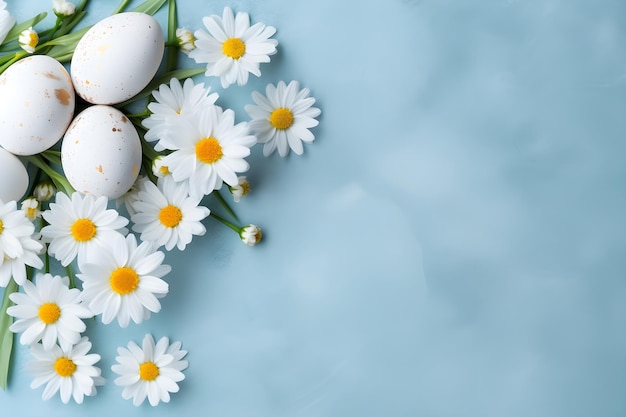 Easter eggs with daisies on a blue background