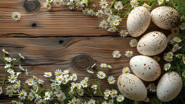 Photo easter eggs with daisies on rustic wooden background