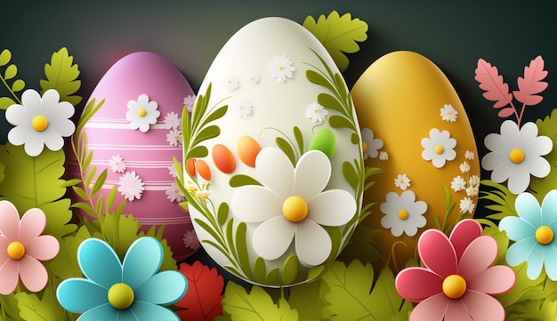 Easter eggs with flowers on a dark background