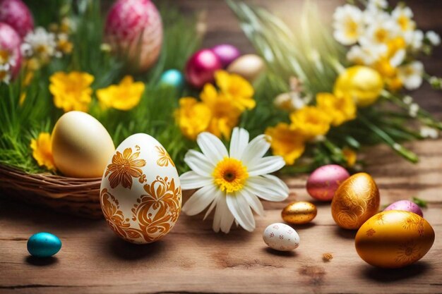 easter eggs with flowers and flowers on a wooden background