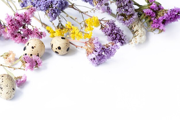 Easter eggs with lilac and yellow wildflowers on white background