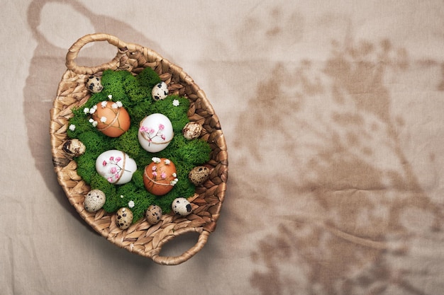 Easter eggs with natural flowers decor laid out on platter with moss Zero Waste Easter Concept Sunlight and floral shadows