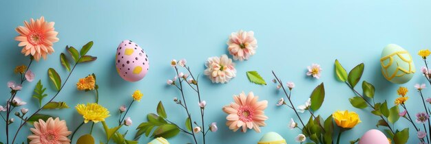 Photo easter eggs with pastel flowers and leaves on a soft blue background