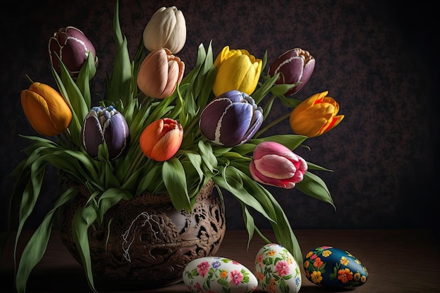 Easter eggs with spring colorful tulips in a vase Greeting card design