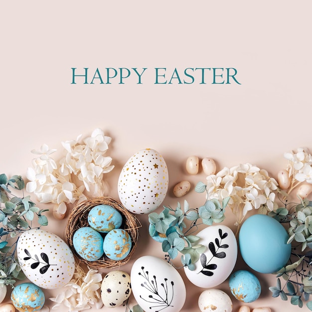 Easter eggs with sweets and flowers on beige Happy Easter concept White and blue eggs and cute nest with candy