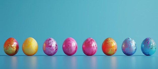 Easter eggs with vibrant hues and shiny surfaces set against a blue backdrop