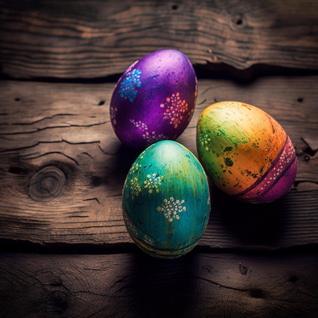 Easter eggs on wooden board